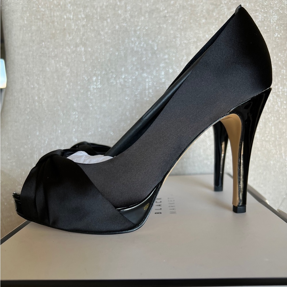 White House Black Market, Black satin heels, size 6.5, never worn.